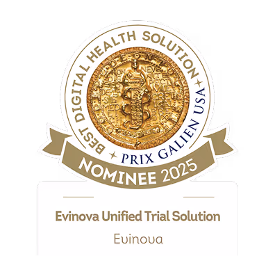 2025 Prix Galien USA Nominee logo. Evinova Unified Trial Solution recognized for Best Digital Health Solution.