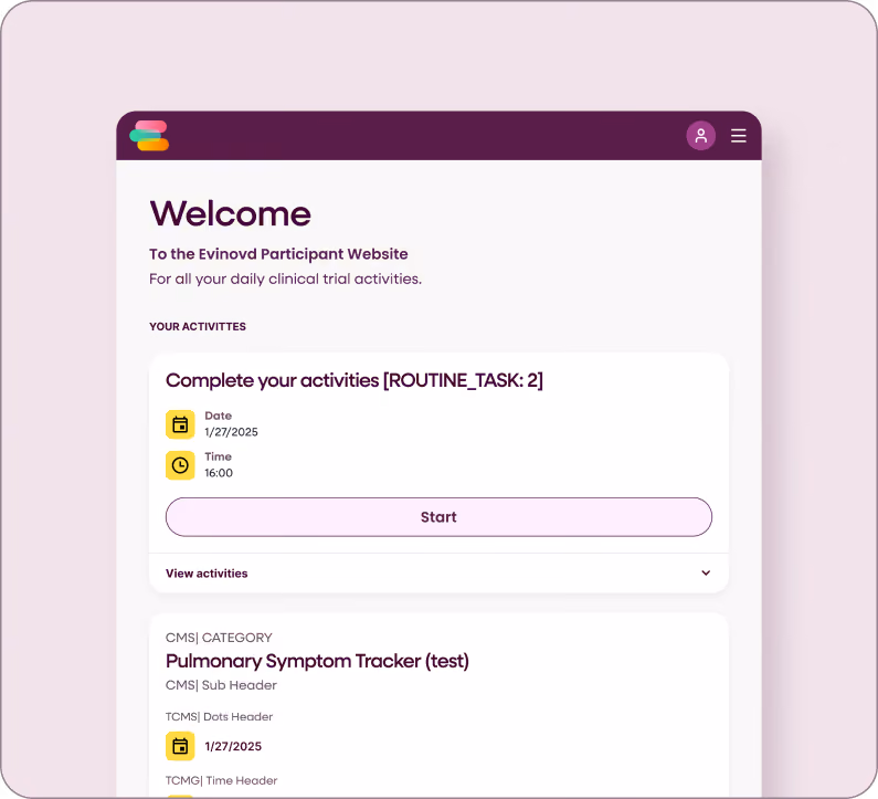 The Evinova participant app shown on a tablet