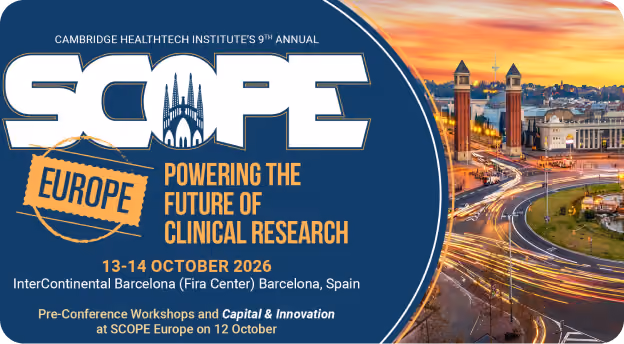 SCOPE Europe 2026 conference announcement with Barcelona cityscape and key event details in bold text.